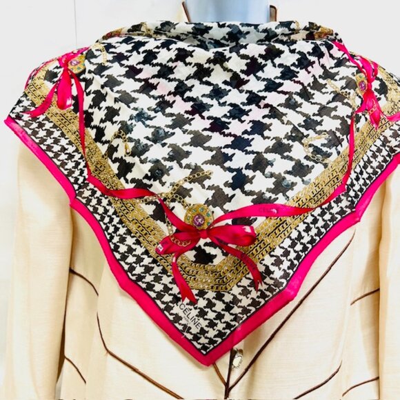 Unsed Celine , Cotton/Silk Mini Scar 19" white black gold bow pink bow trim(34) - Picture 7 of 8